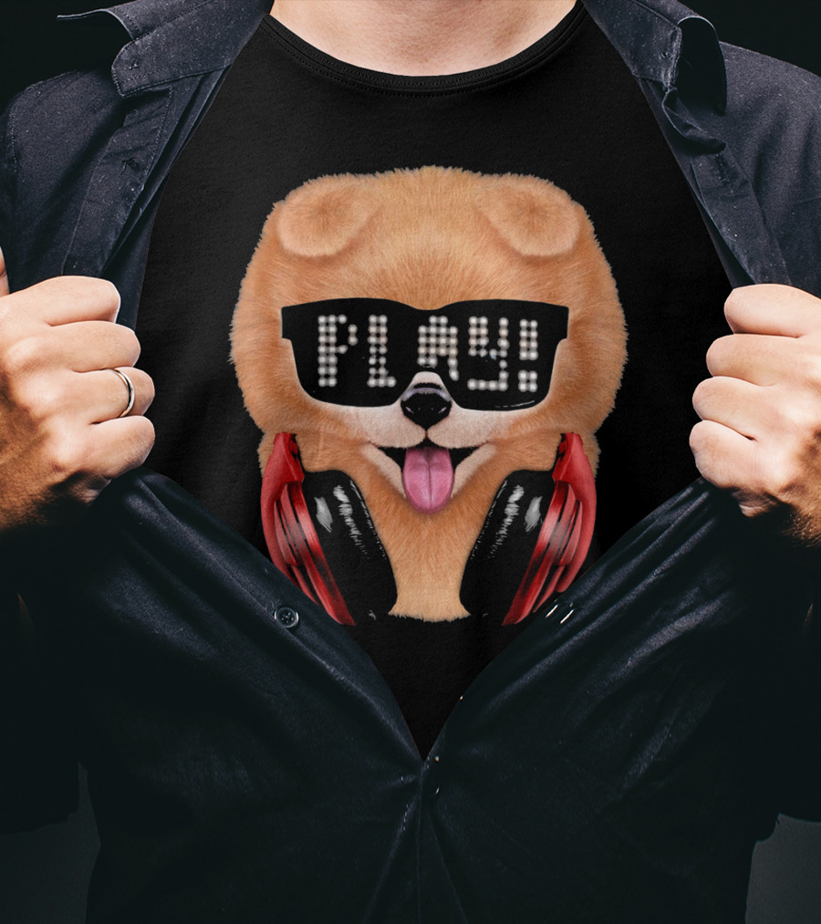 Cream Pomeranian Dog DJ In Sunglass With Play Headphones T-Shirt