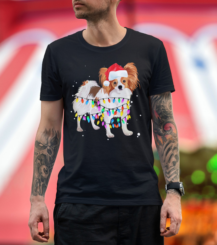 Papillon Dog Wrapped In Christmas Lights Wearing Santa Hat T-Shirt