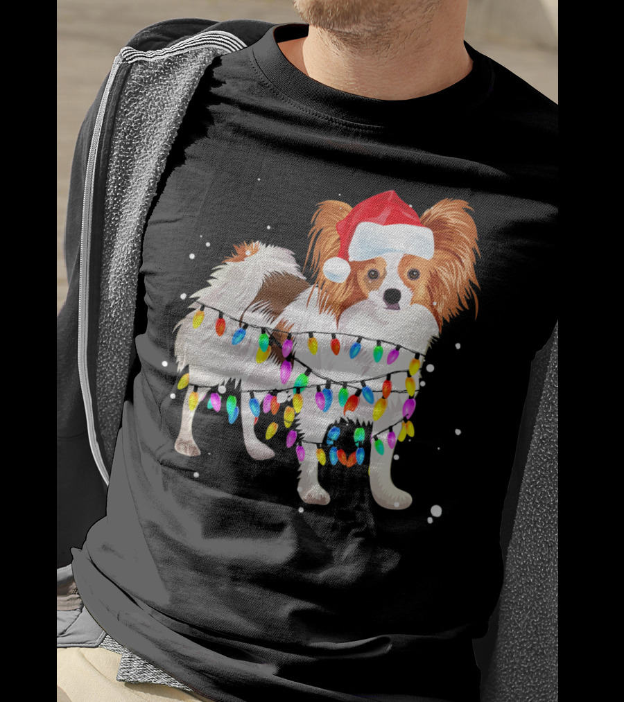 Papillon Dog Wrapped In Christmas Lights Wearing Santa Hat T-Shirt