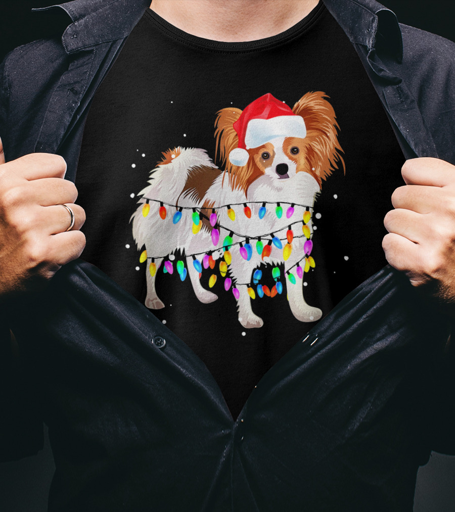 Papillon Dog Wrapped In Christmas Lights Wearing Santa Hat T-Shirt