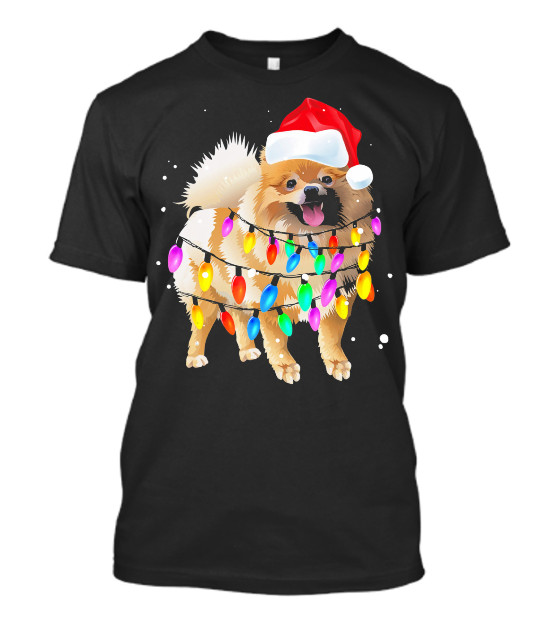 Pomeranian With Santa Hat And Colorful Christmas Lights T-Shirt