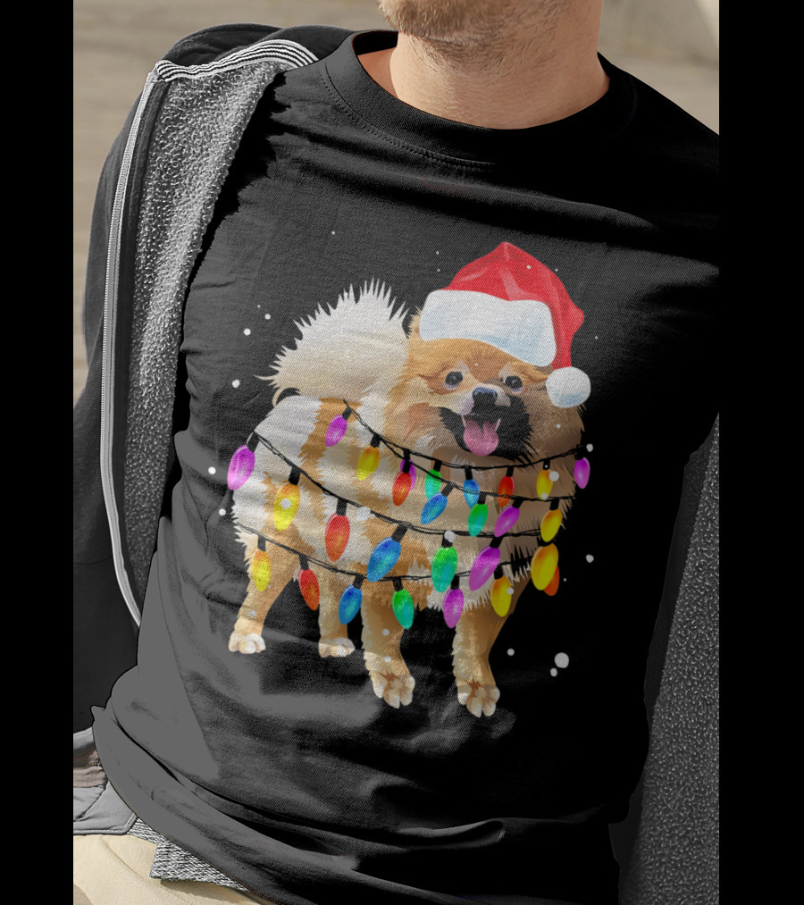 Pomeranian With Santa Hat And Colorful Christmas Lights T-Shirt