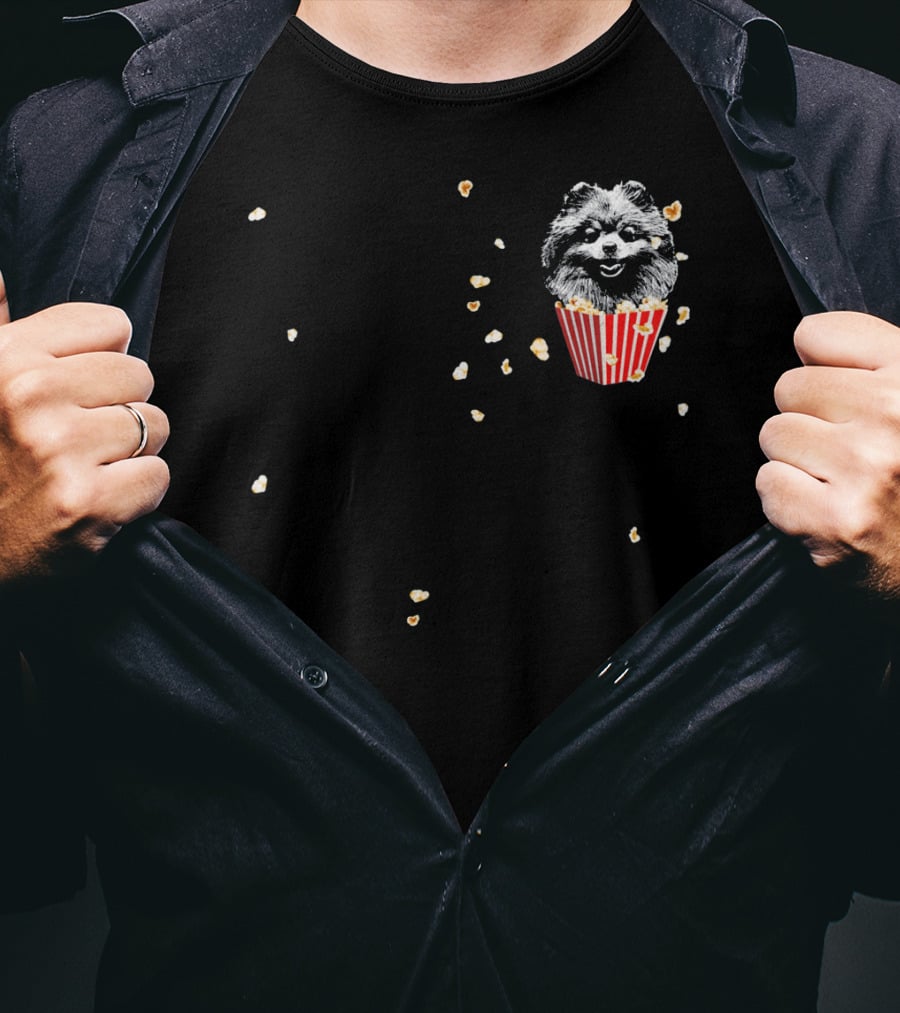 Smiling Pomeranian In Popcorn Box With Popping Kernels T-Shirt