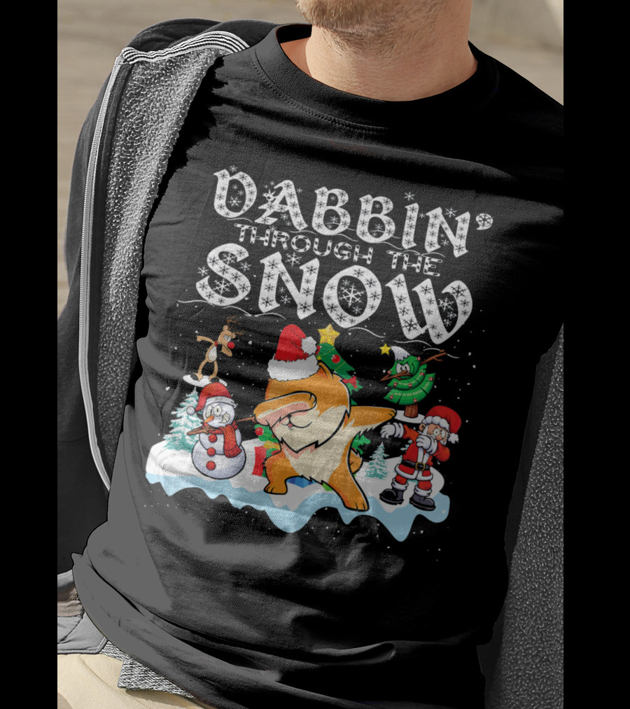 Dabbin Through The Snow Pomeranian Dog With Santa Snowman And Reindeer T-Shirt