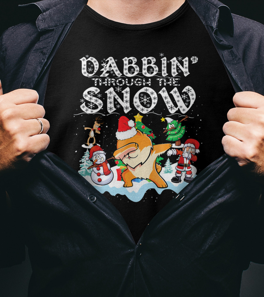Dabbin Through The Snow Pomeranian Dog With Santa Snowman And Reindeer T-Shirt