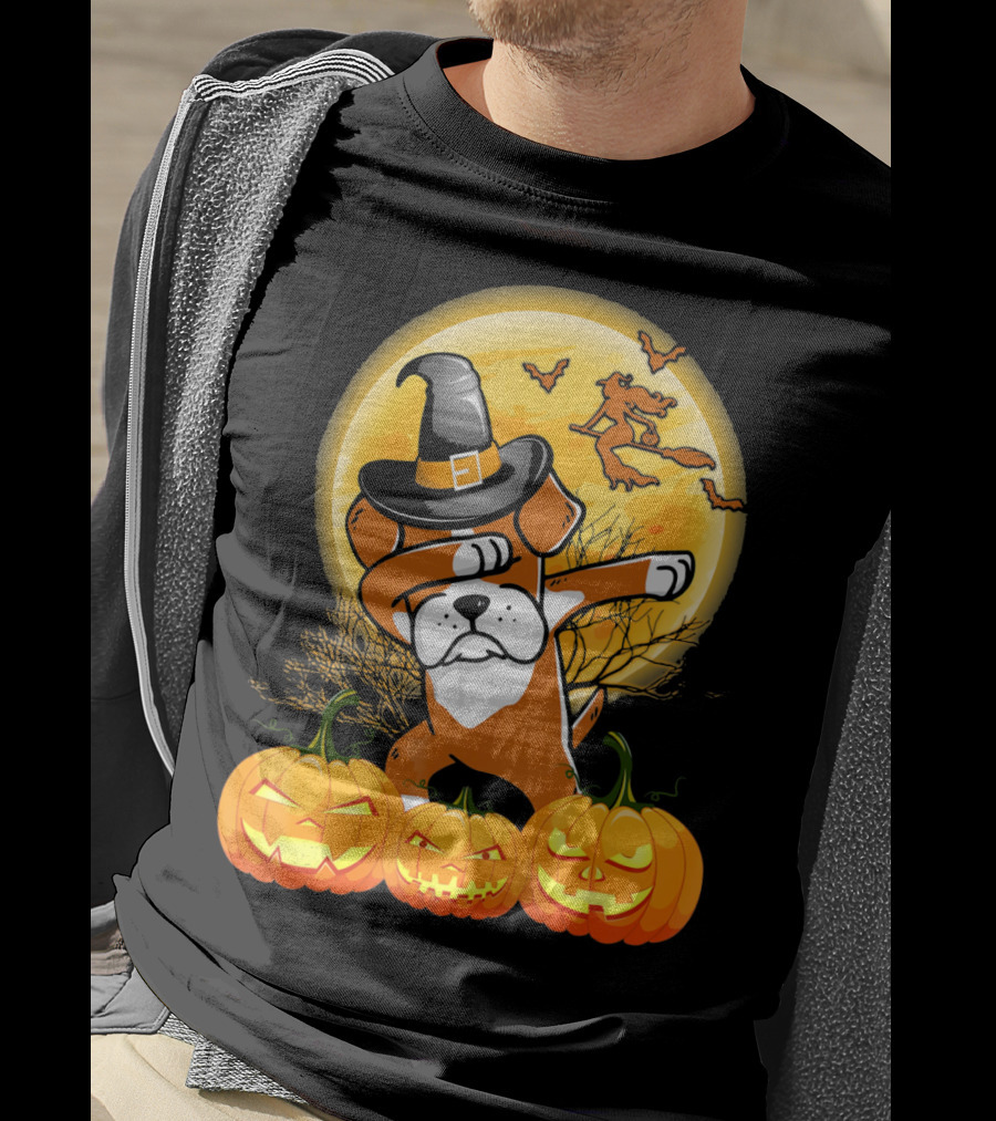 Halloween Dabbing Boxer Dog Witch Hat Pumpkins Bats Moon T-Shirt