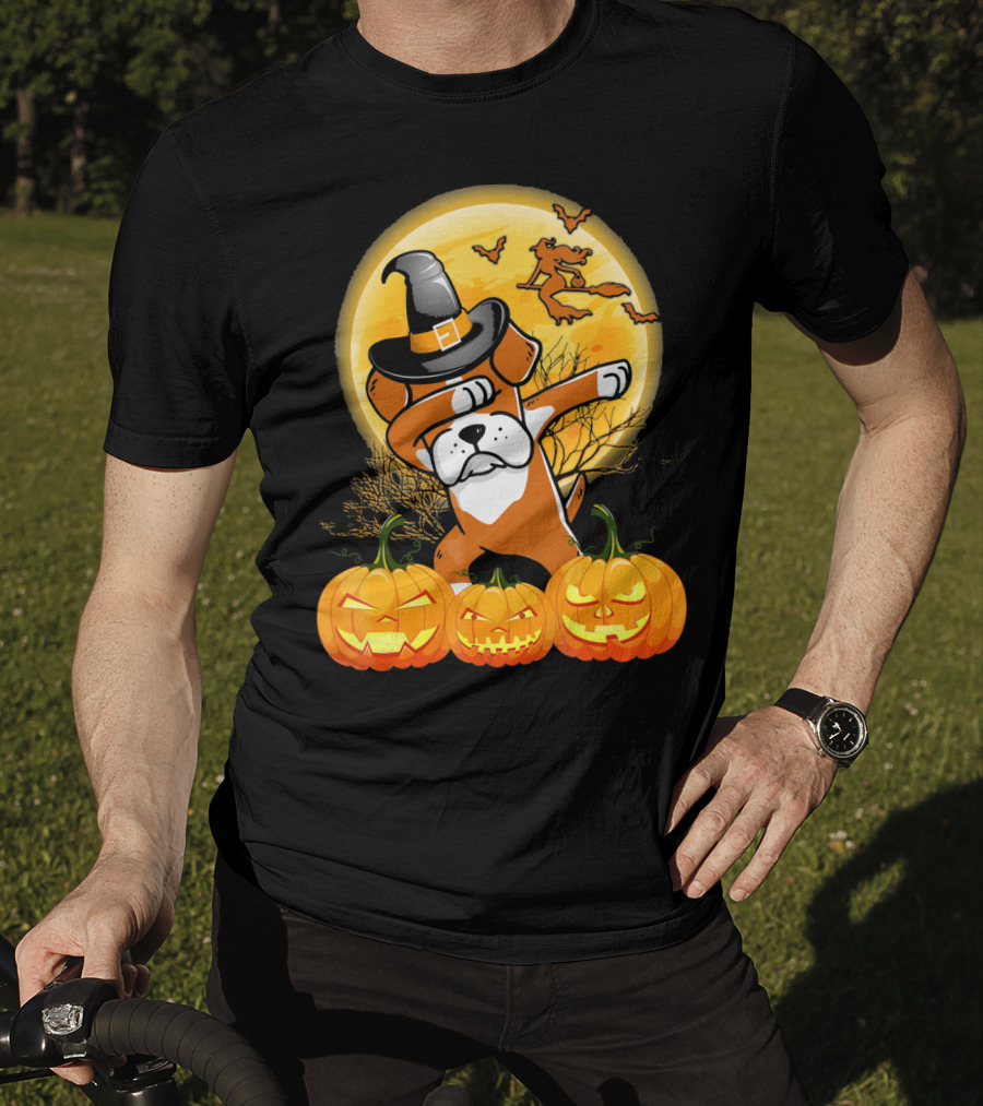 Halloween Dabbing Boxer Dog Witch Hat Pumpkins Bats Moon T-Shirt