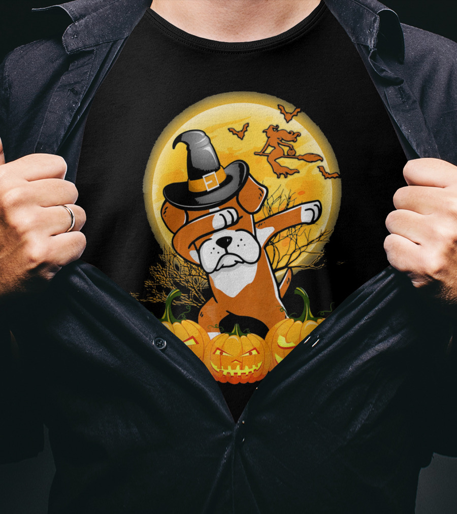 Halloween Dabbing Boxer Dog Witch Hat Pumpkins Bats Moon T-Shirt