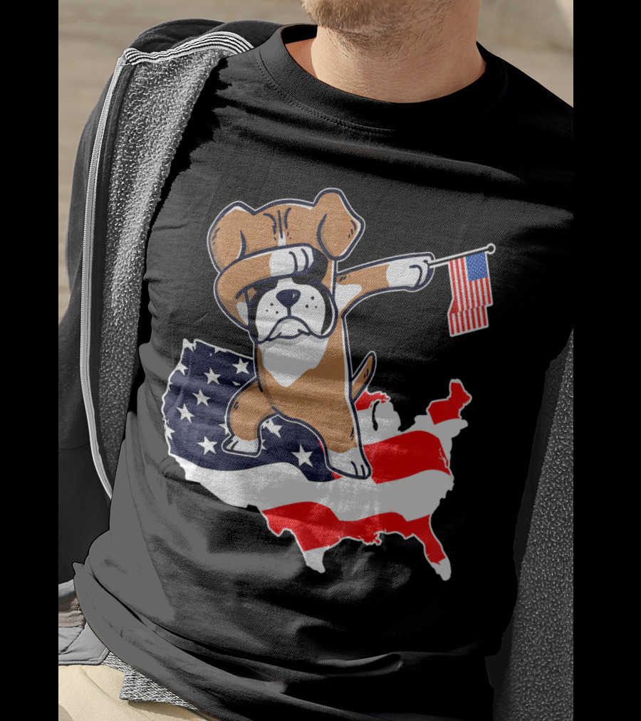 Dabbing Boxer Dog With American Flag Map Background T-Shirt