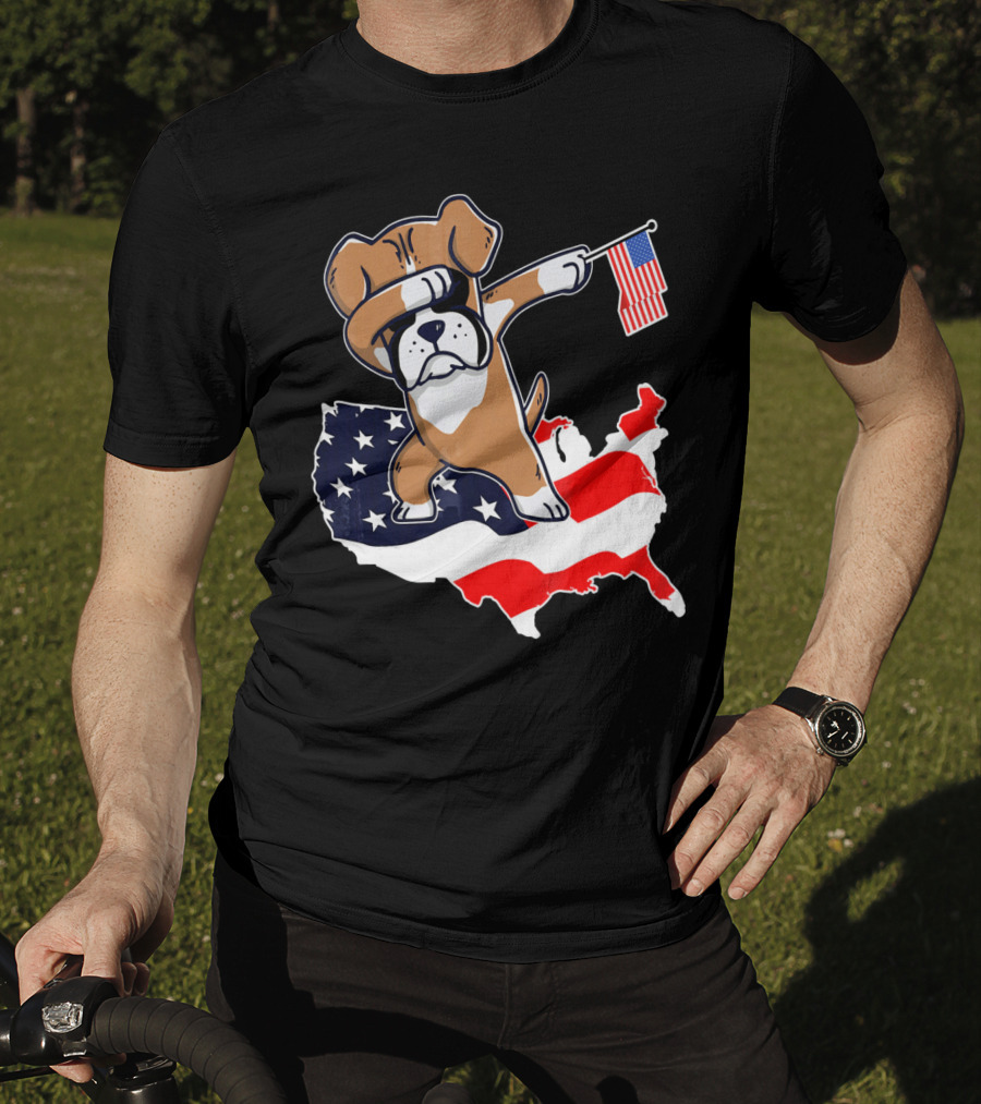 Dabbing Boxer Dog With American Flag Map Background T-Shirt
