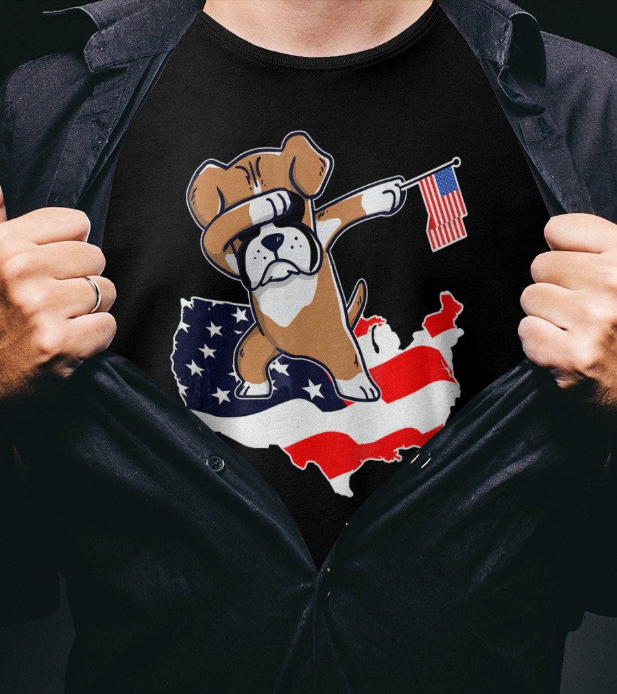 Dabbing Boxer Dog With American Flag Map Background T-Shirt