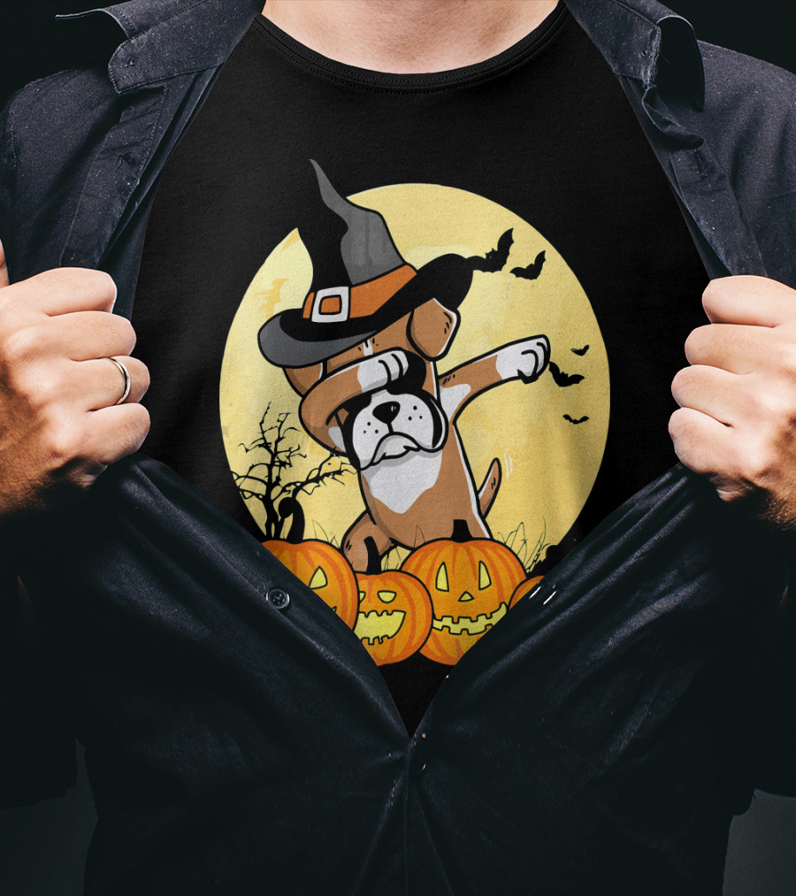 Dabbing Boxer Dog Witch Hat Pumpkin Halloween Dab Dance T-Shirt
