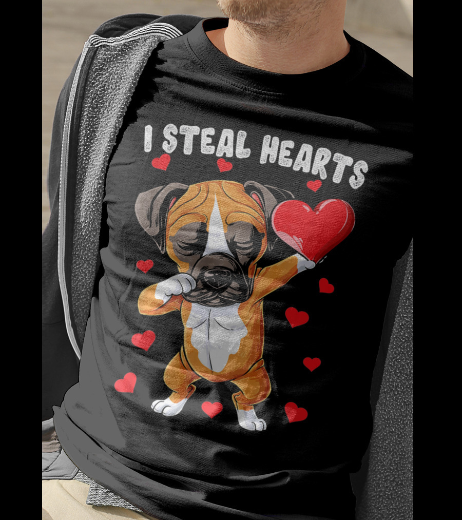 Dabbing Boxer Dog Holding Red Heart I Steal Hearts T-Shirt