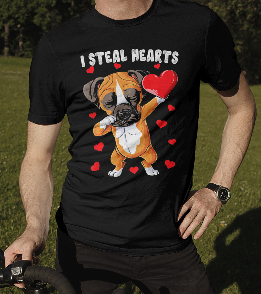Dabbing Boxer Dog Holding Red Heart I Steal Hearts T-Shirt