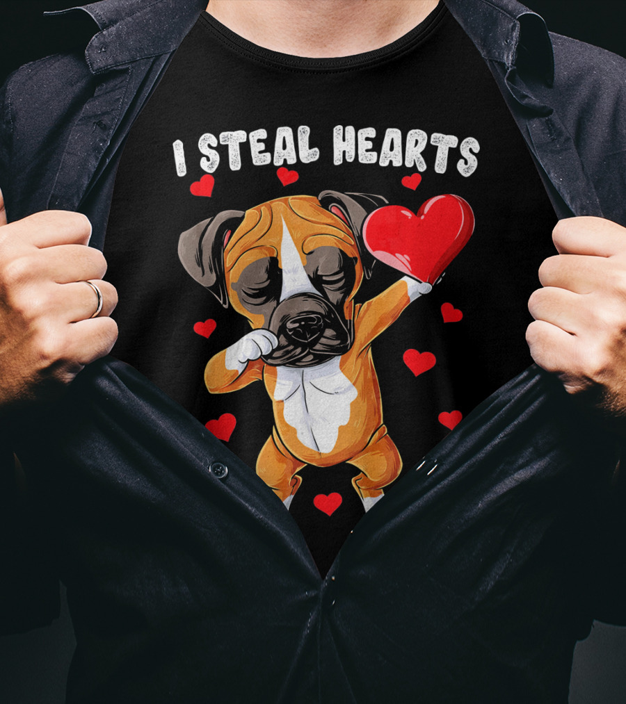 Dabbing Boxer Dog Holding Red Heart I Steal Hearts T-Shirt