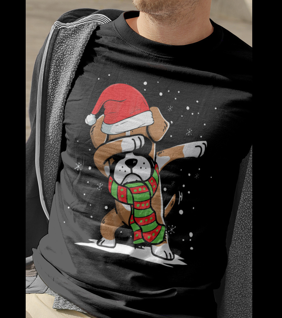 Festive Dabbing Boxer Dog In Santa Hat And Scarf For Christmas Dog Lovers T-Shirt