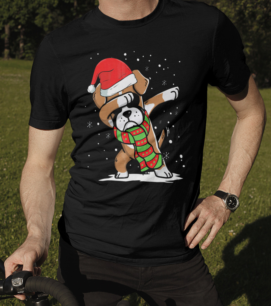 Festive Dabbing Boxer Dog In Santa Hat And Scarf For Christmas Dog Lovers T-Shirt