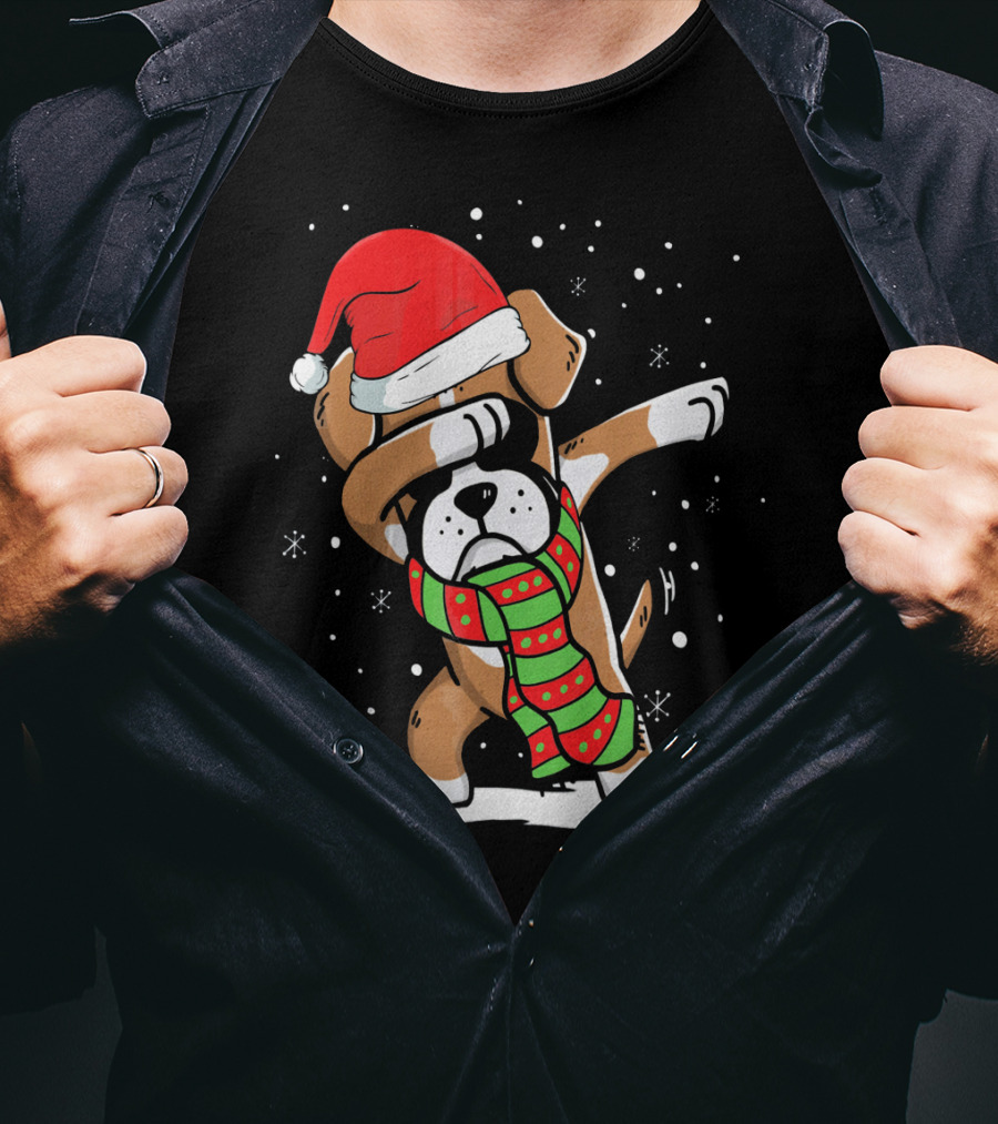 Festive Dabbing Boxer Dog In Santa Hat And Scarf For Christmas Dog Lovers T-Shirt