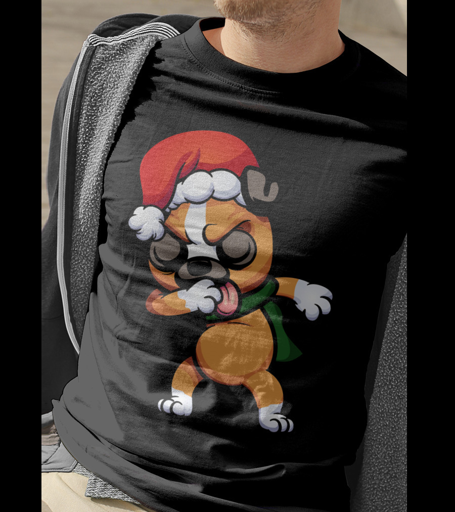 Dabbing Boxer Santa Dog Cartoon With Christmas Hat And Scarf T-Shirt