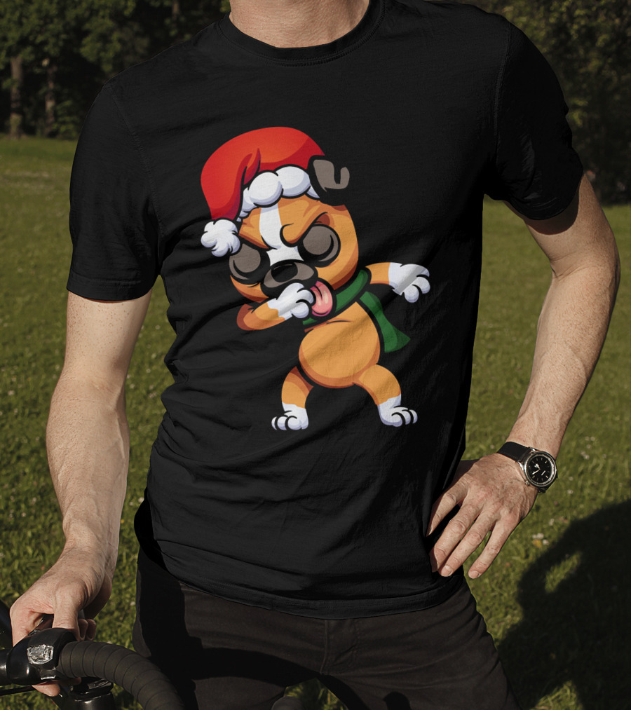 Dabbing Boxer Santa Dog Cartoon With Christmas Hat And Scarf T-Shirt