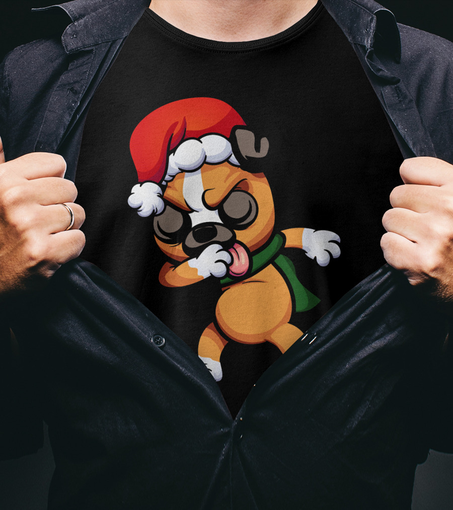 Dabbing Boxer Santa Dog Cartoon With Christmas Hat And Scarf T-Shirt