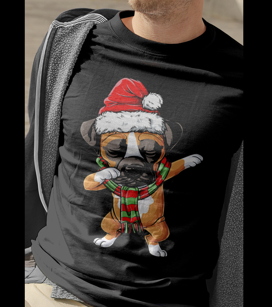 Boxer Dog Dabbing Santa Hat Christmas Scarf T-Shirt