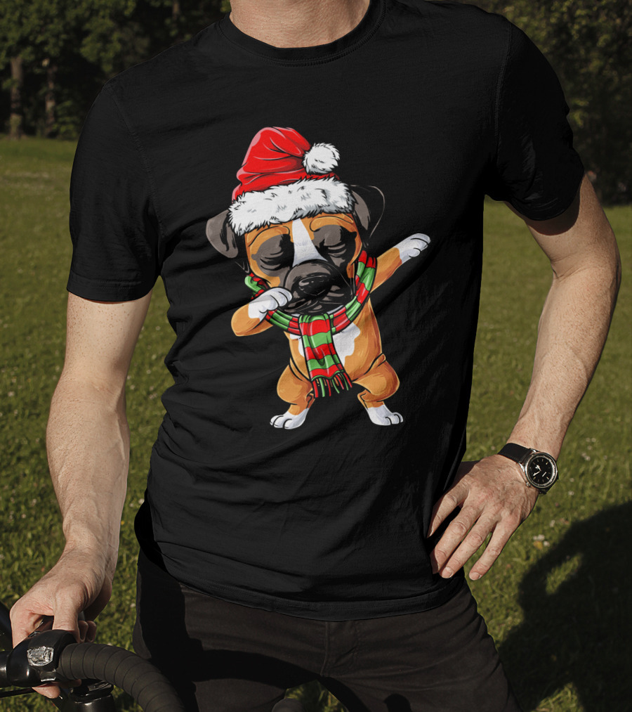 Boxer Dog Dabbing Santa Hat Christmas Scarf T-Shirt