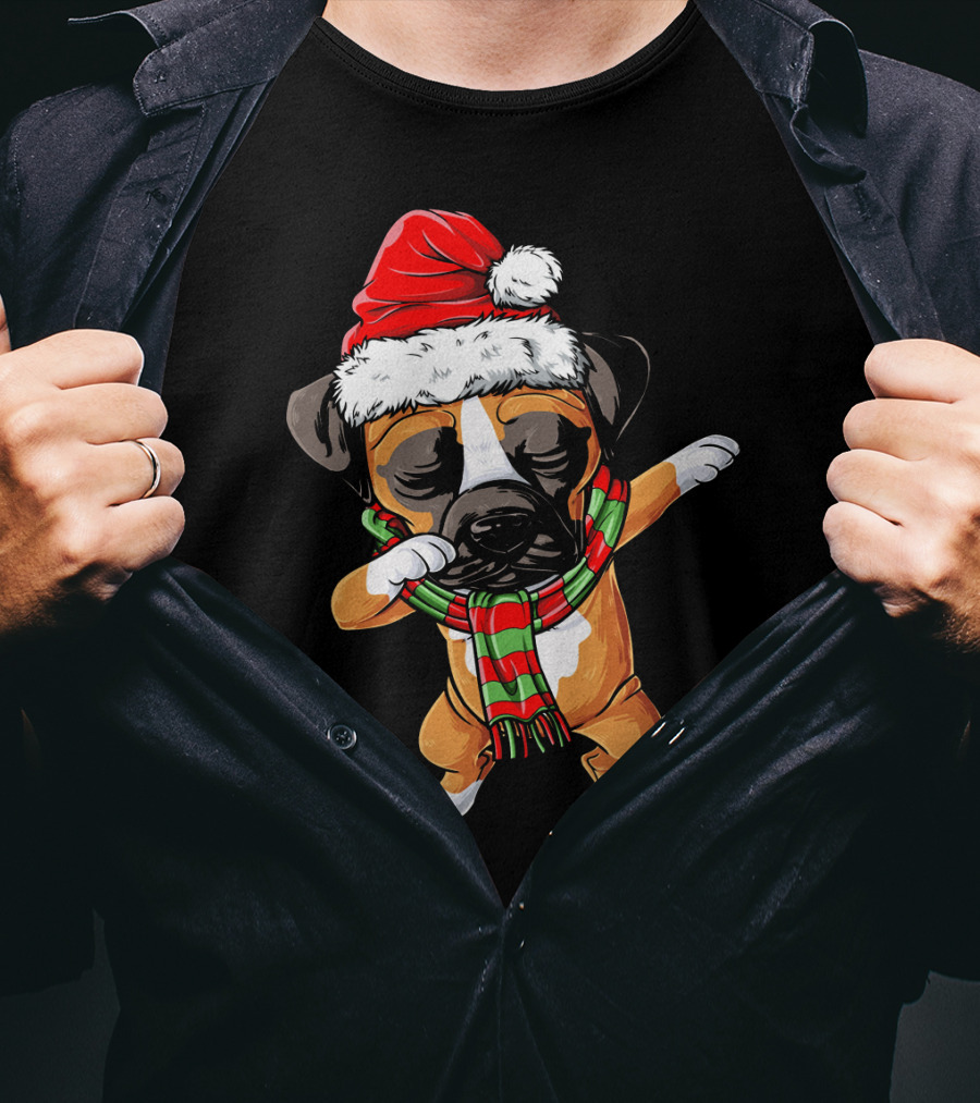 Boxer Dog Dabbing Santa Hat Christmas Scarf T-Shirt