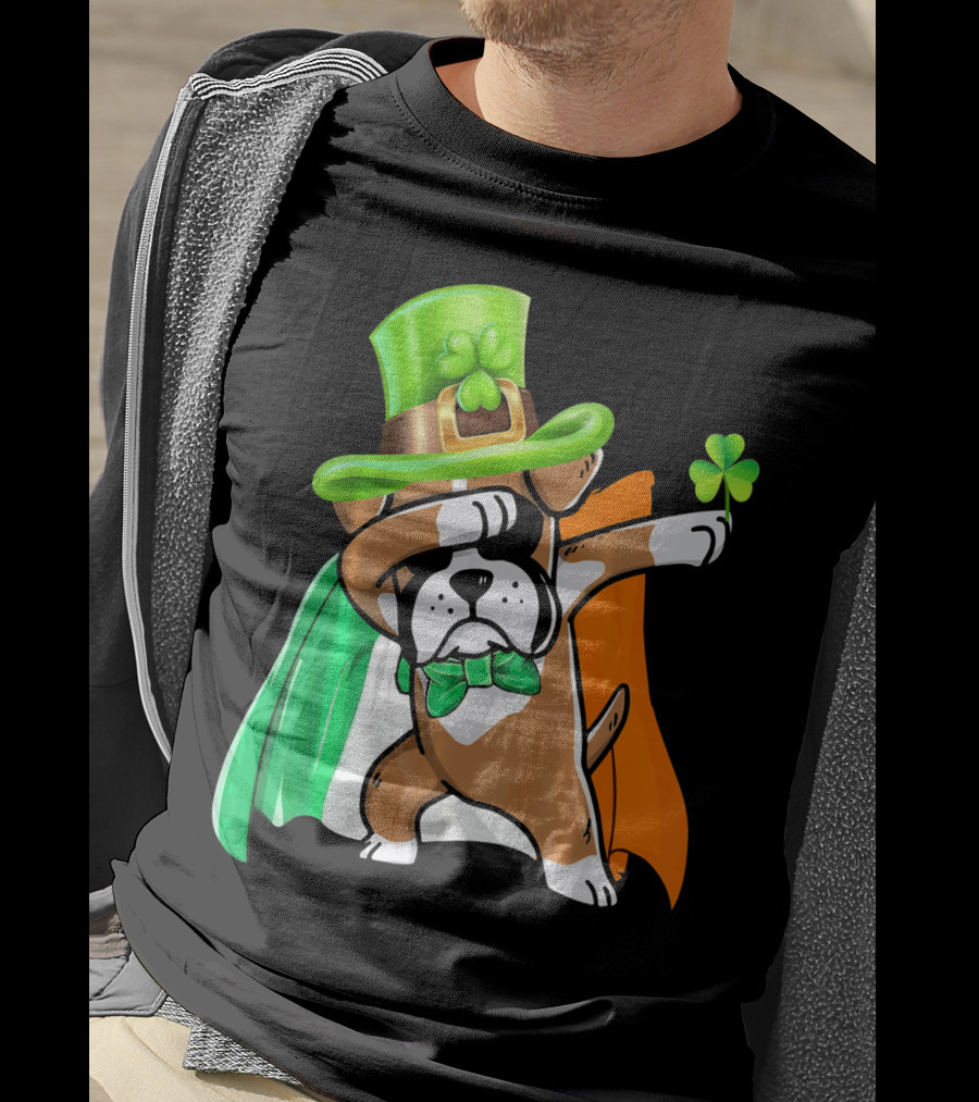 Lucky Boxer Dabbing With Irish Flag And Shamrock Hat T-Shirt