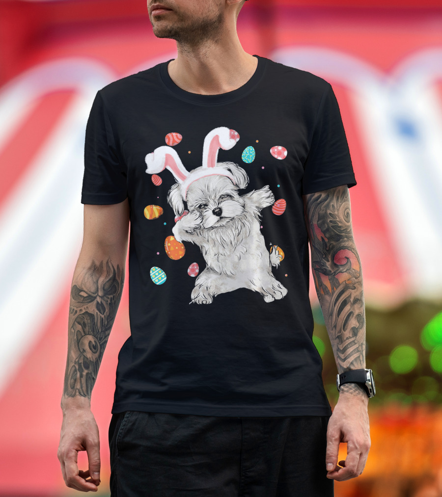 Dabbing Maltese Dog with Easter Bunny Ears and Colorful Eggs T-Shirt