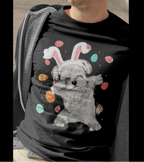 Dabbing Maltese Dog With Easter Bunny Ears And Colorful Eggs T-Shirt