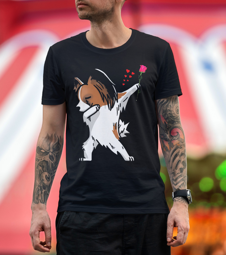 Dabbing Papillon Dog Holding Rose with Hearts for Valentines Day T-Shirt
