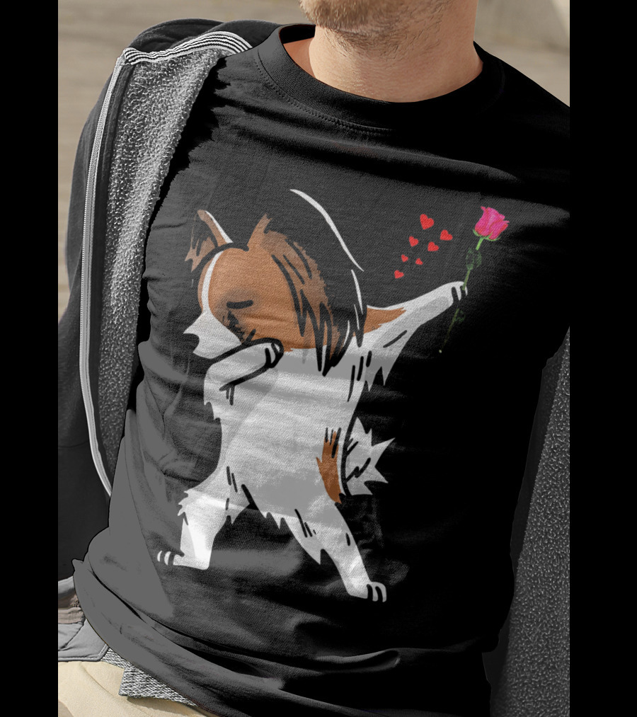 Dabbing Papillon Dog Holding Rose With Hearts For Valentines Day T-Shirt