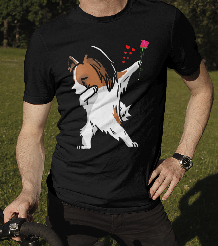 Dabbing Papillon Dog Holding Rose With Hearts For Valentines Day T-Shirt