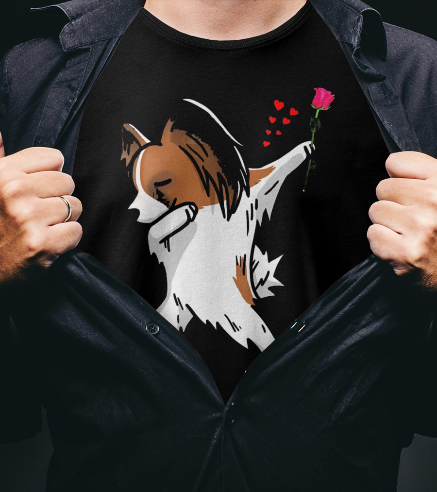 Dabbing Papillon Dog Holding Rose With Hearts For Valentines Day T-Shirt