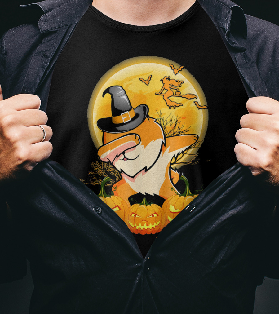 Dabbing Pomeranian Dog Halloween Pumpkin Witch Moon T-Shirt