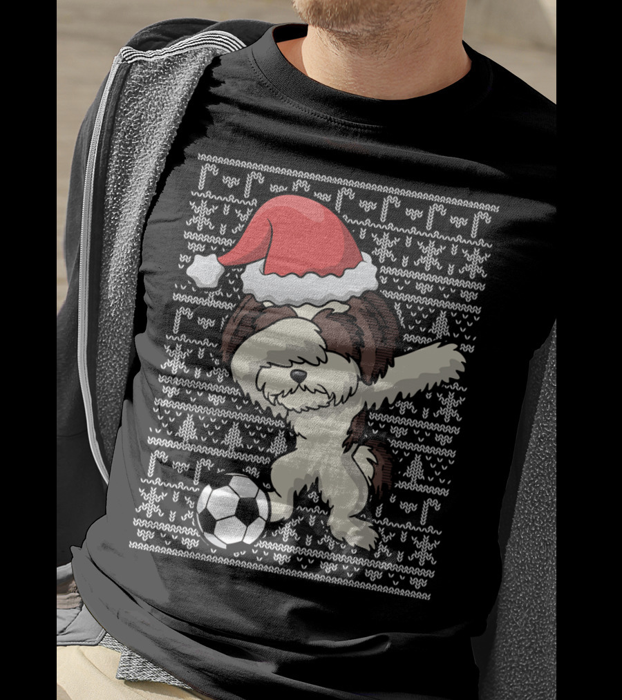 Santa Hat Dabbing Shih Tzu Soccer Ball Holiday Knit T-Shirt