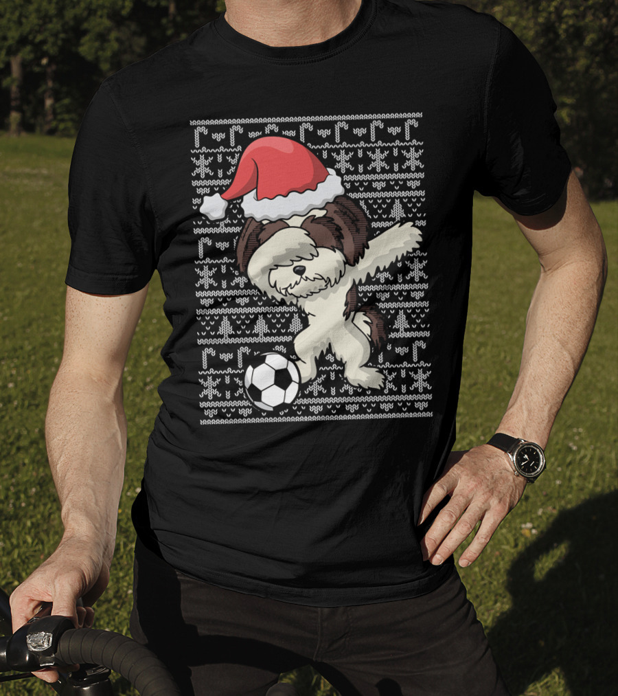 Santa Hat Dabbing Shih Tzu Soccer Ball Holiday Knit T-Shirt