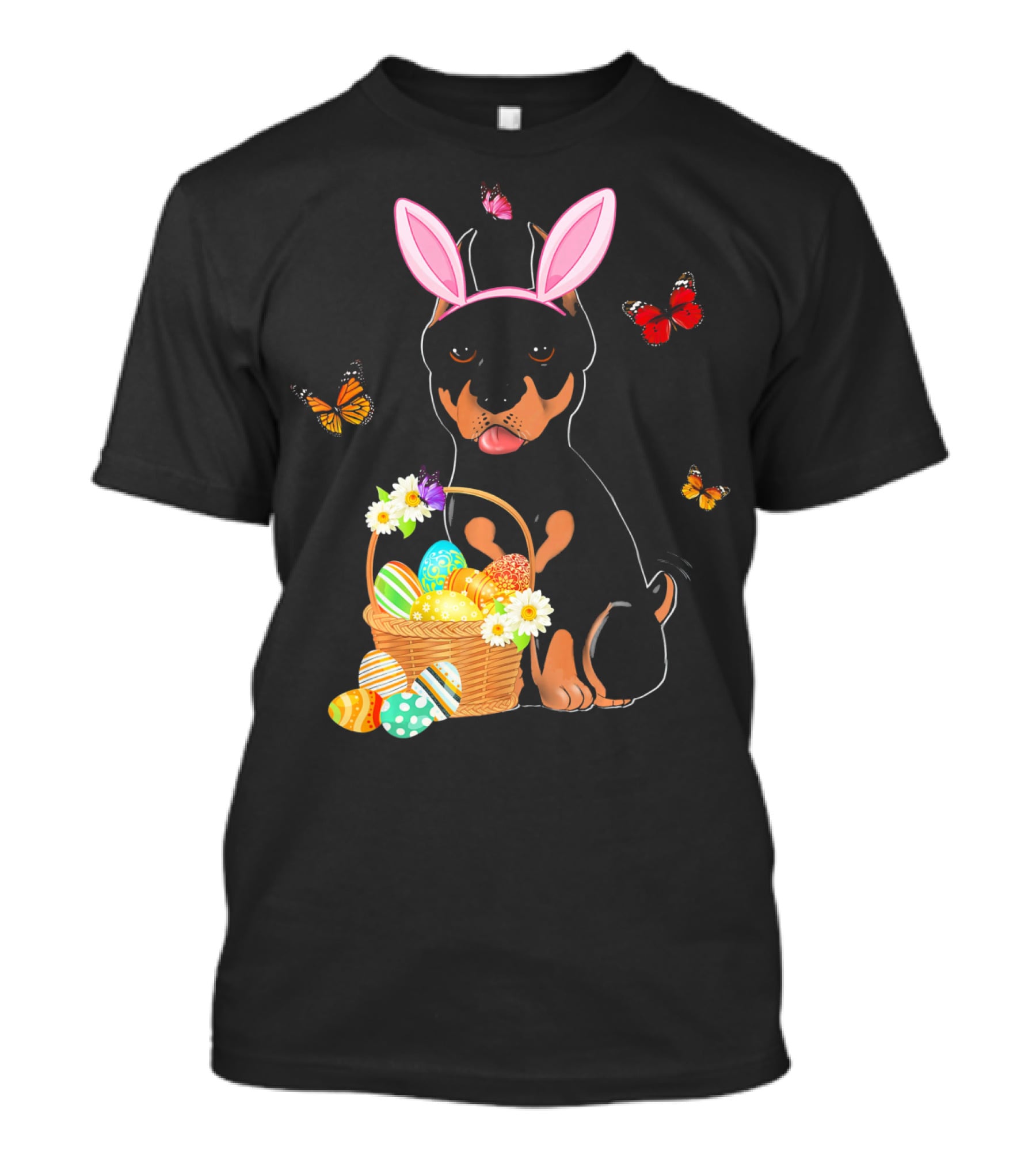 Doberman Bunny Hat Rabbit With Basket Of Easter Eggs And Butterflies T-Shirt