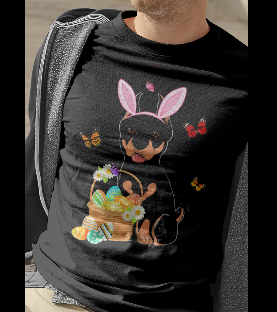 Doberman Bunny Hat Rabbit With Basket Of Easter Eggs And Butterflies T-Shirt