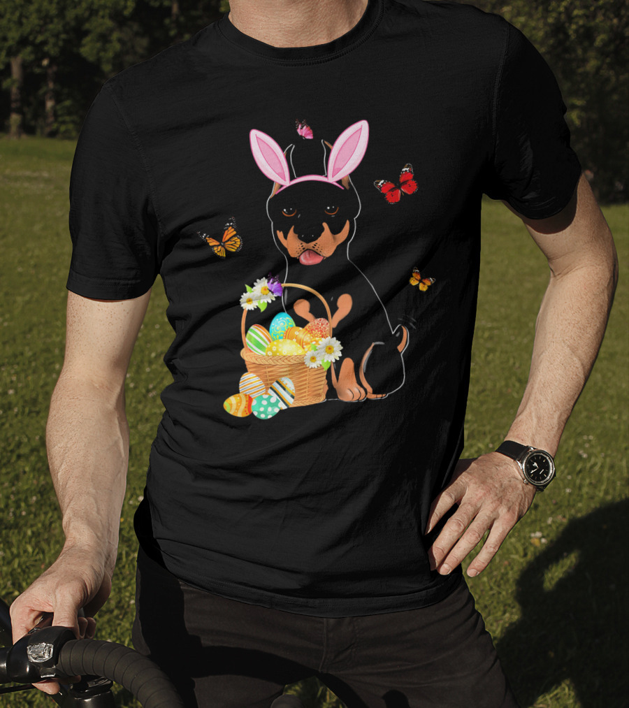 Doberman Bunny Hat Rabbit With Basket Of Easter Eggs And Butterflies T-Shirt