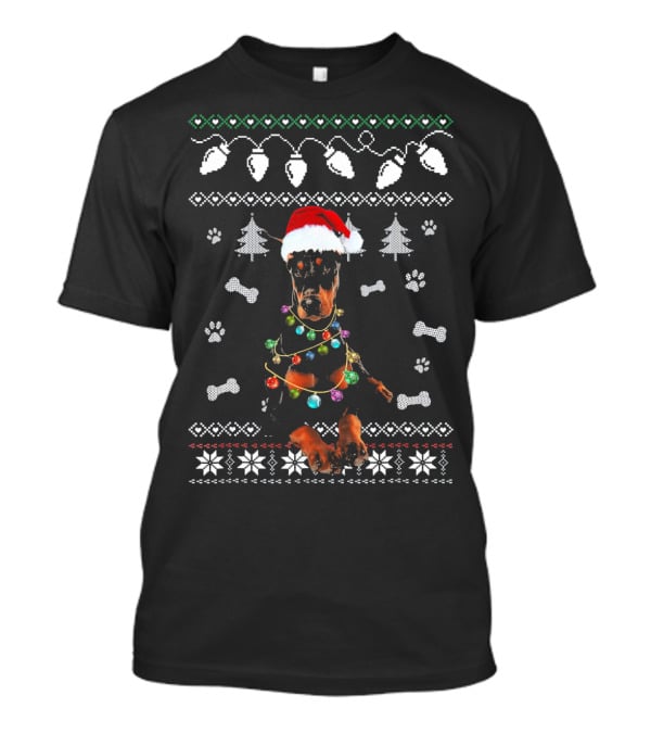 Doberman Festive Santa Hat Lights Christmas T-Shirt