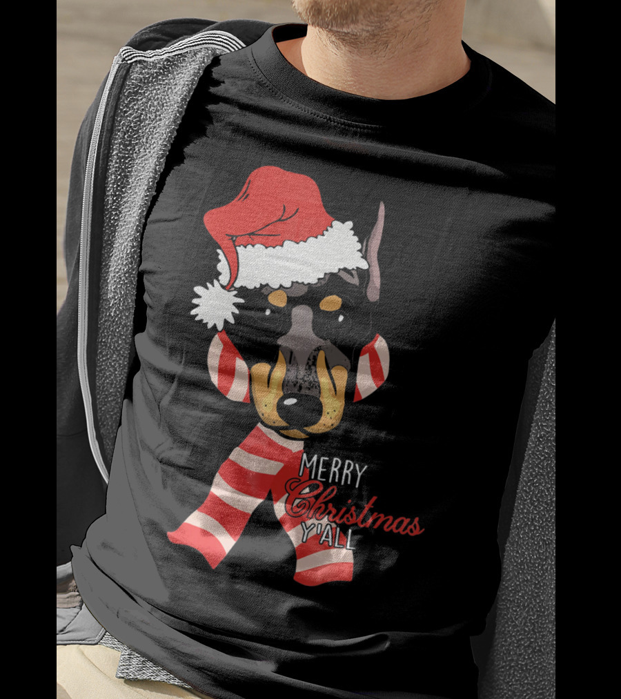 Merry Christmas Y'all Doberman Dog With Santa Hat And Candy Cane Stripes T-Shirt