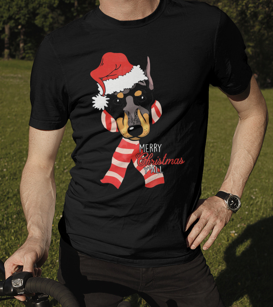 Merry Christmas Y'all Doberman Dog With Santa Hat And Candy Cane Stripes T-Shirt