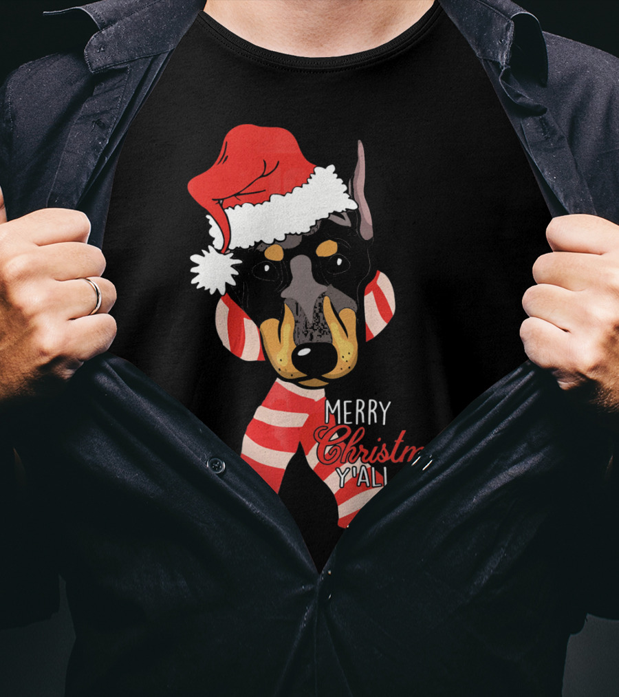 Merry Christmas Y'all Doberman Dog With Santa Hat And Candy Cane Stripes T-Shirt