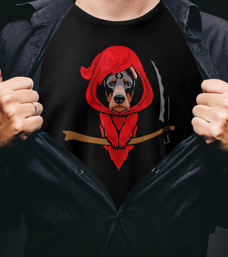 Doberman Grim Reaper Red Hood Scythe T-Shirt