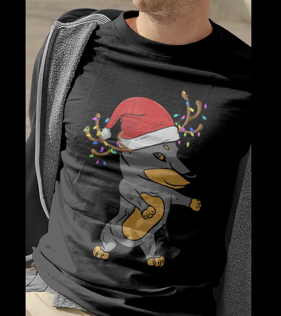 Christmas Doberman Santa Hat Reindeer Antlers Lights Dog Lovers T-Shirt