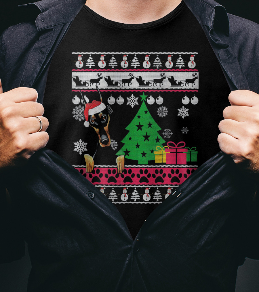 Doberman Christmas Sweater With Santa Hat And Festive Decorations T-Shirt