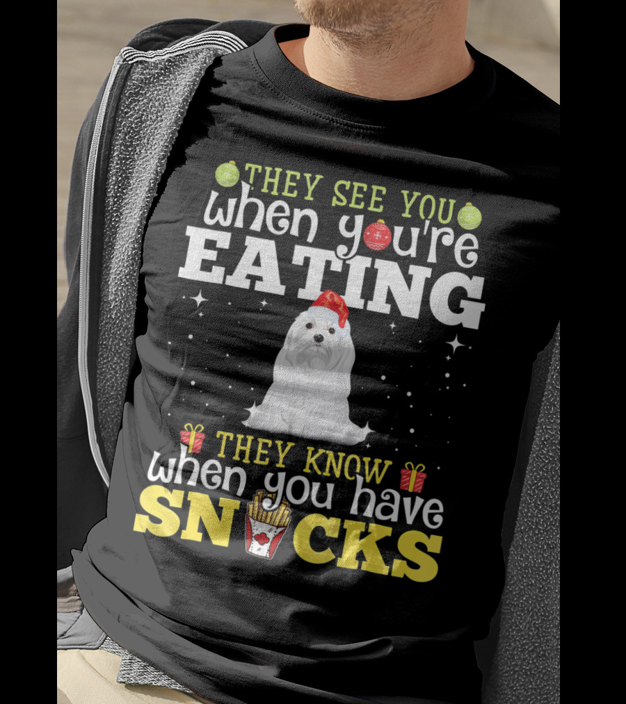 They See You When You're Eating Snacks Christmas Maltese Dog Love T-Shirt