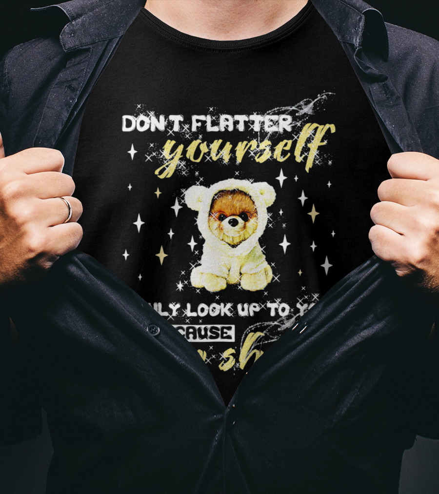 Don't Flatter Yourself I Only Look Up To You Because I Am Short Funny Pomeranian Dog T-Shirt